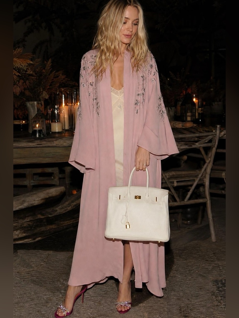 Embellished Pleated Dusty Rose Kimono Duster Robe